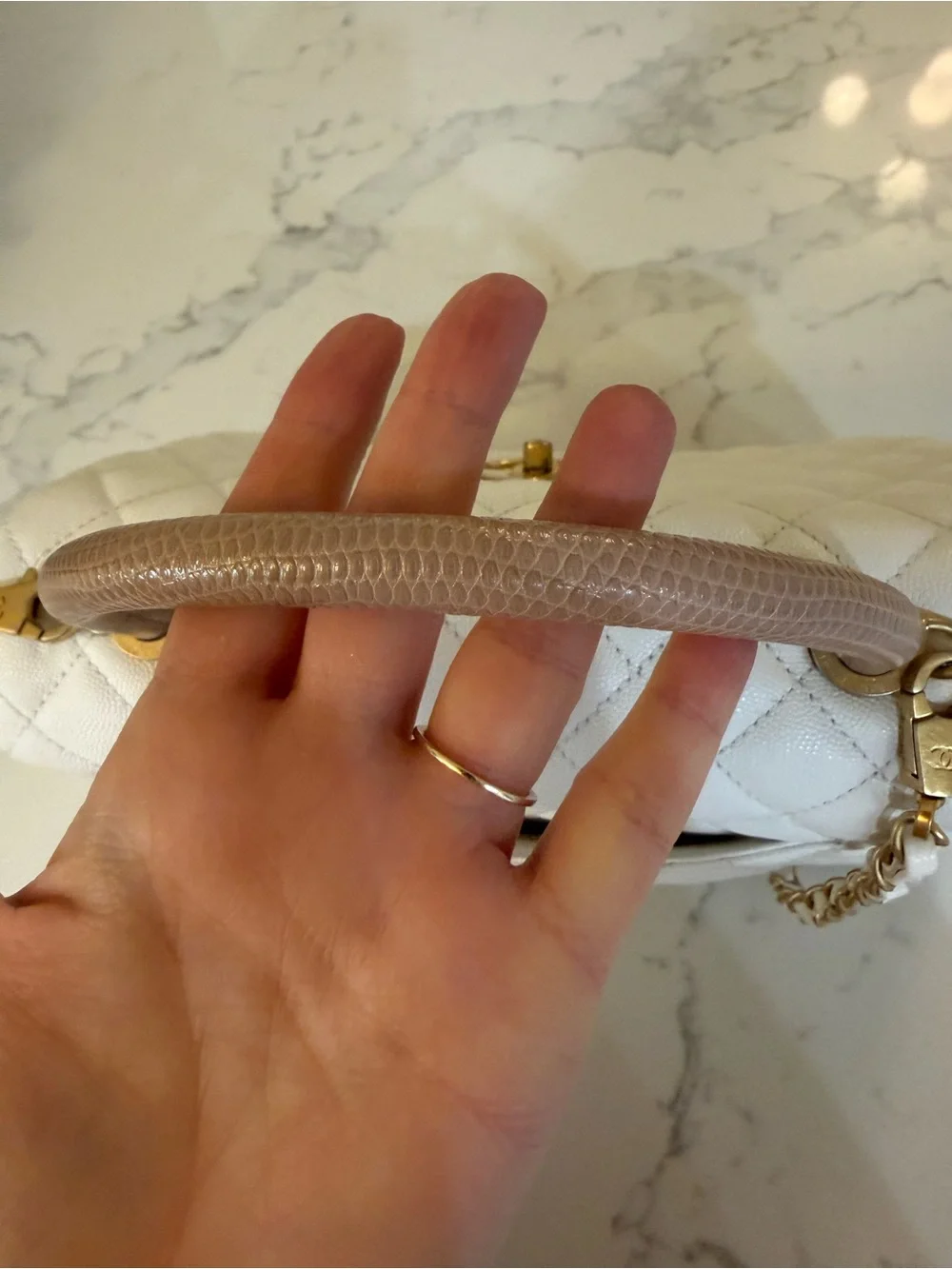 CHANEL White Quilted Top Handle Bag with Pink Handle and Gold Hardware